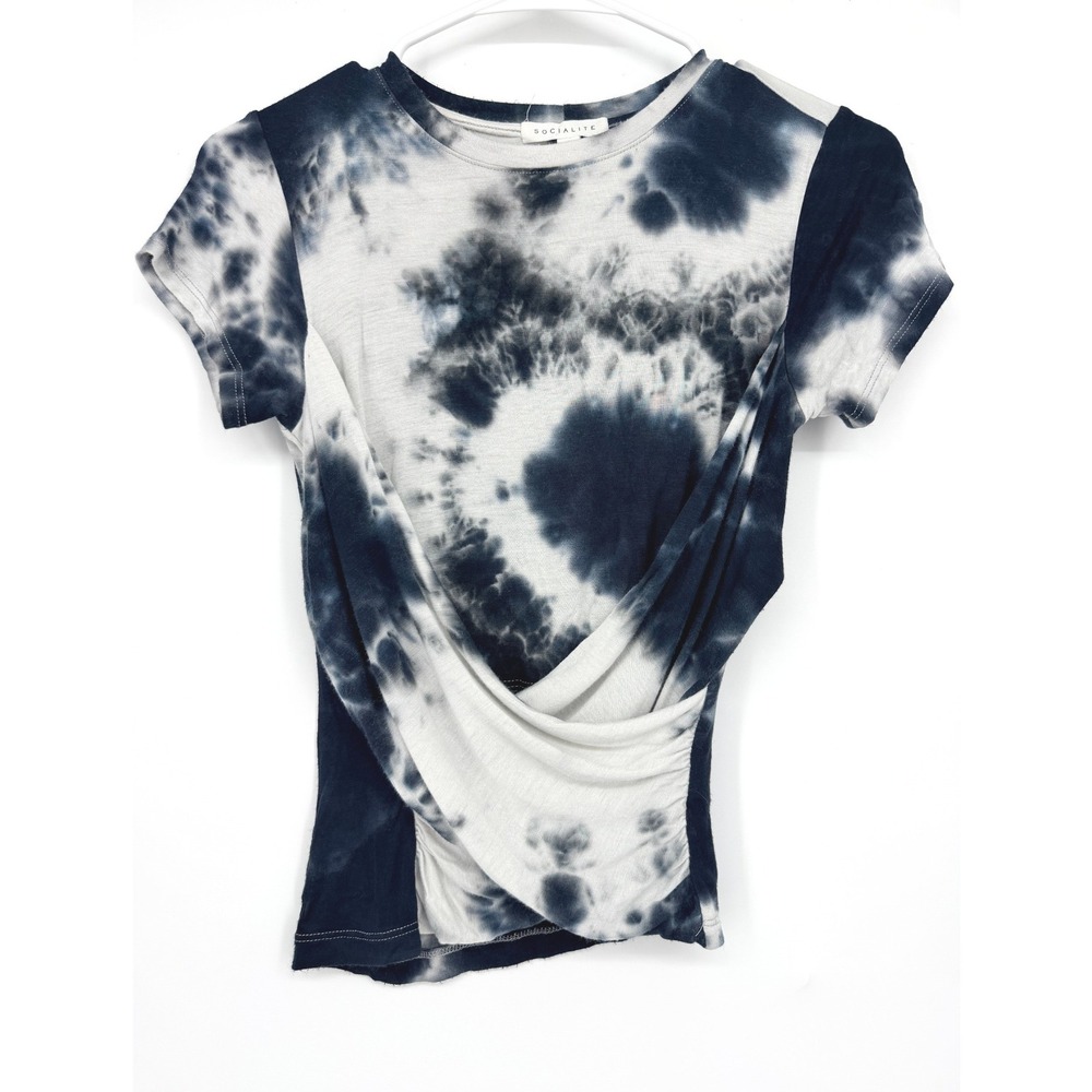 Socialite Womens XS Tie Dye Twist Front Short Sleeve Top Navy White
